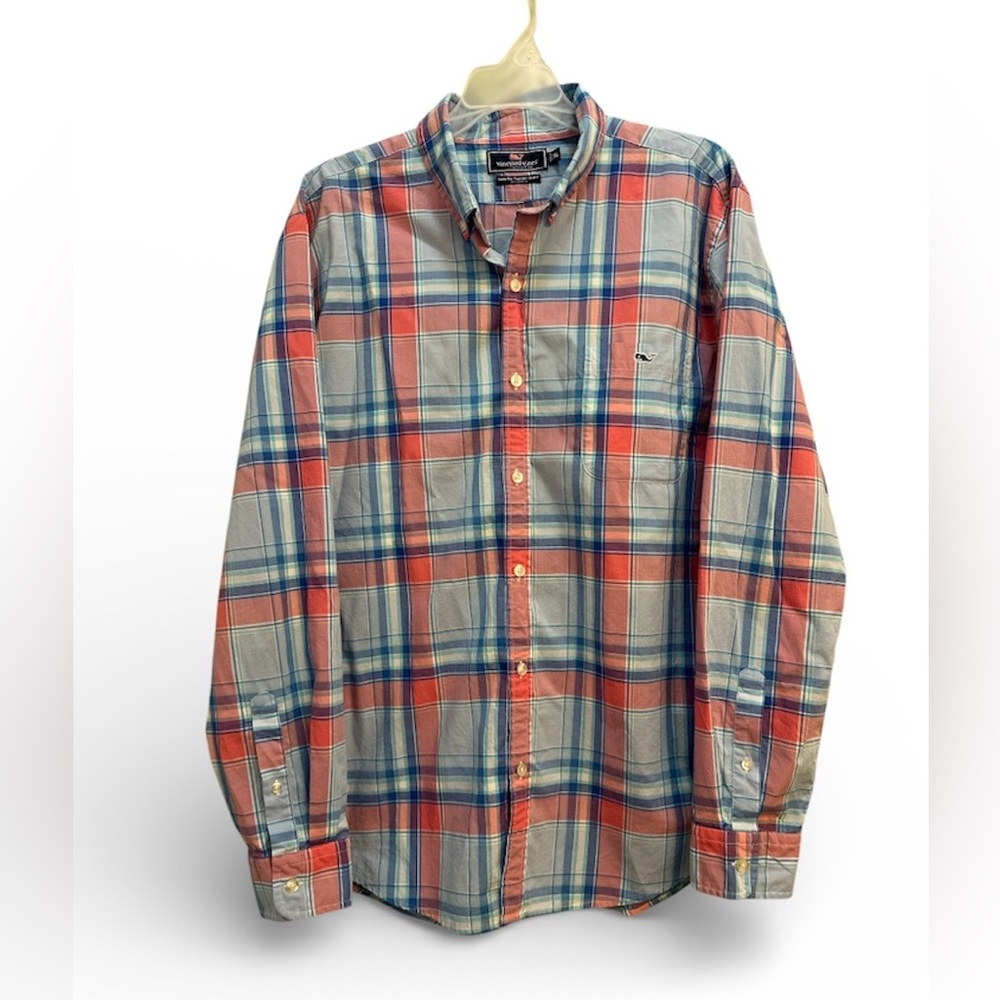 Vineyard Vines Men XL Slim Fit Tucker Shirt Button Front Plaid Cotton Coral Blue